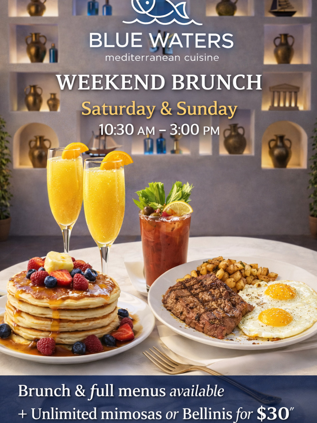 Blue Waters weekend brunch with mimosas and breakfast plates