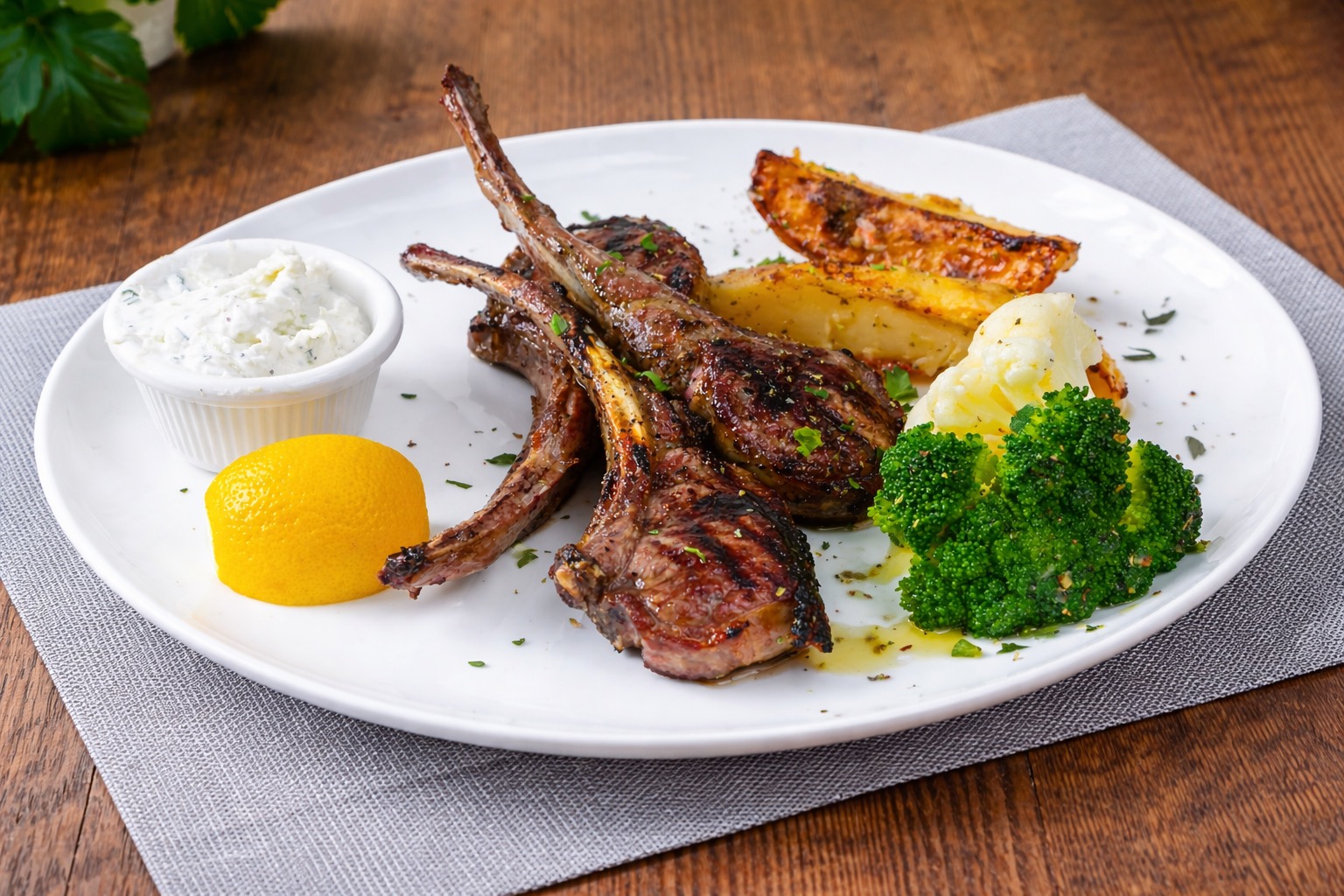 Grilled lamb chops with lemon potatoes and vegetables