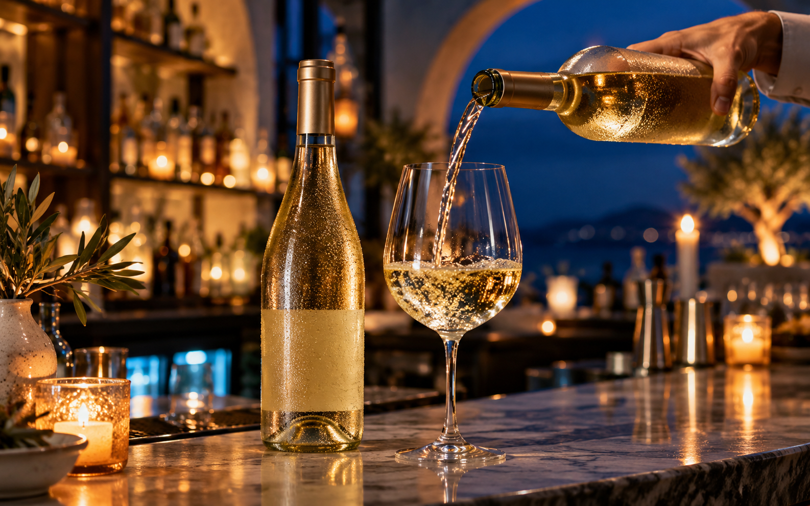 A bottle of wine being poured into a glass at the Blue Waters bar